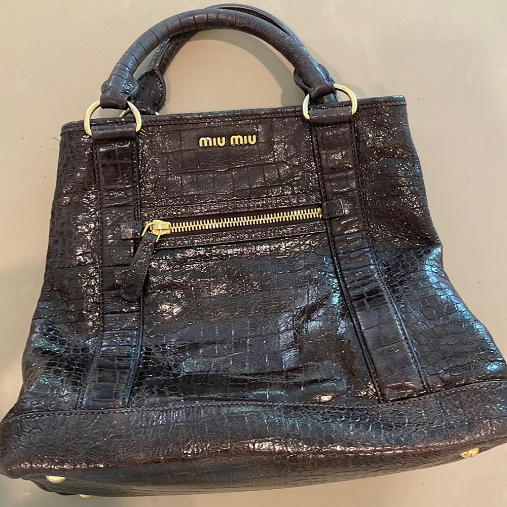 MIU MIU Brown St. Cocco Croc-Embossed Tote in Dark Brown Leather